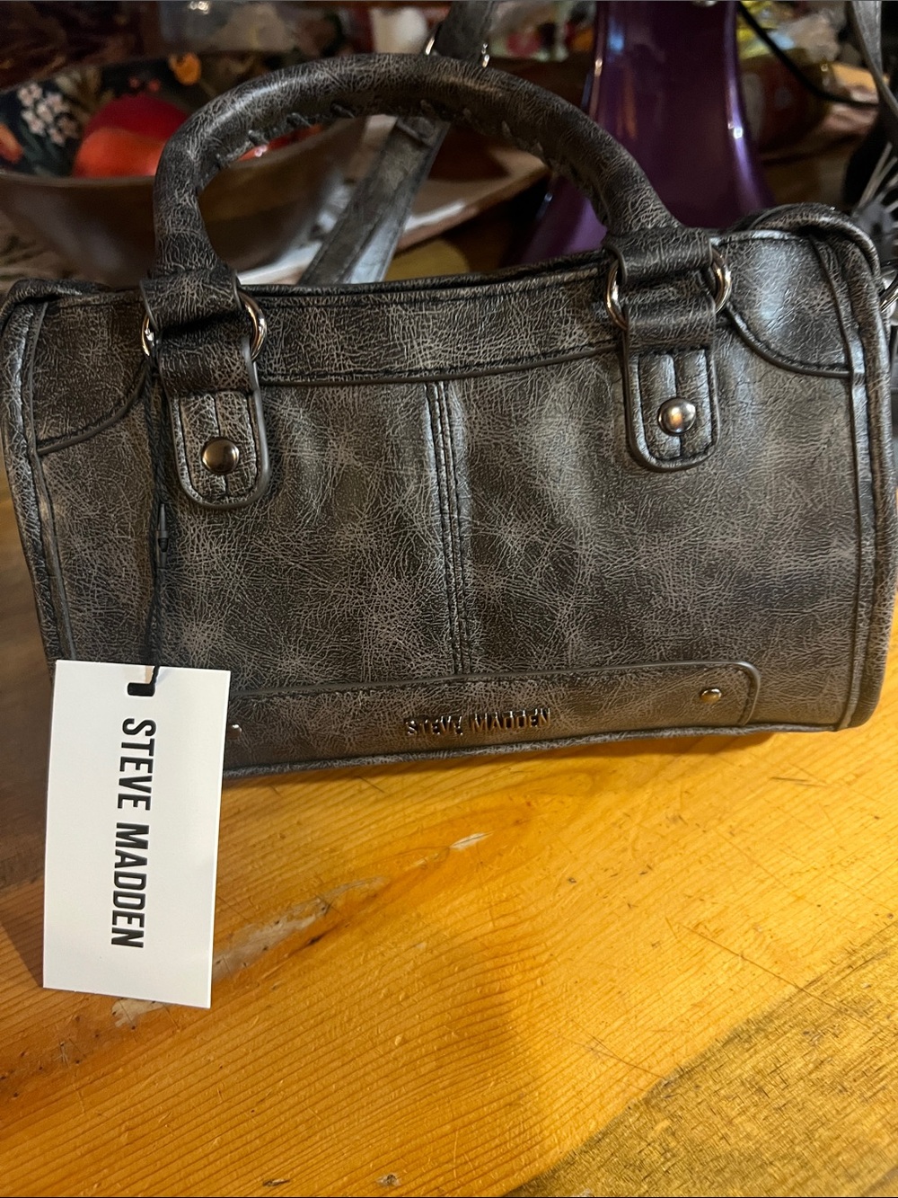 Steve Madden Gray Barrel Mini Satchel with Crossbody Strap